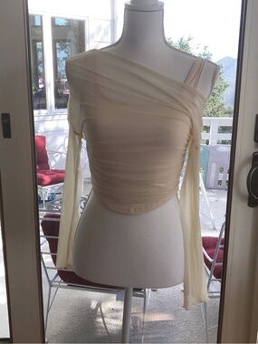 SHEIN Cream One-Shoulder Sheer Long-Sleeve Ruched Crop Top
